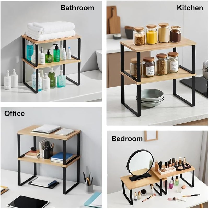 HEY FOLY Kitchen Cabinet Organizer Shelf, Set of 2 Stackable Counter Shelves, Small Wood Cabinet Riser Shelf for Pantry Cupboard Spice Dish Mug Cup, Expandable, Metal Engineered Wood (Beige & Black, 11.7''W) - Image 4